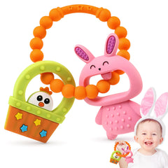 NPET Baby Easter Teething Toy Cute Easter Basket Hen & Bunny Baby Teething Toy 3-12 Months Easy Grip Silicone Baby Easter Basket Stuffers Infant Teething Toys Easter Baby Bithday Favor Toy