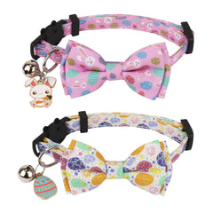 ADOGGYGO Easter Cat Collar Breakaway with Bow Tie Bell - 2 Pack Easter Kitten Collar with Removable Bowtie Cute White Pink Pet Easter Collar for Cat Kitten (Easter 7.5"- 10.5")