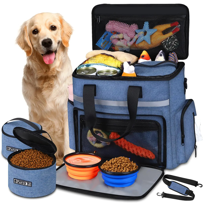 Petskd Dog Travel Bag for Supplies 27L Large Space Pet Organizer Backpack Airline Approved Dog Weekend Bag with Multi-Function Pockets for Overnight Camping with 2 Food Containers 2 Bowls (Blue)