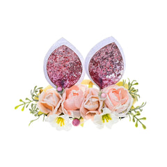 Funsveta Easter Spring Bunny Flower Crown Woodland Floral Head Piece Rose Ears Baby Girls Flower Crown Headbands (Pink)