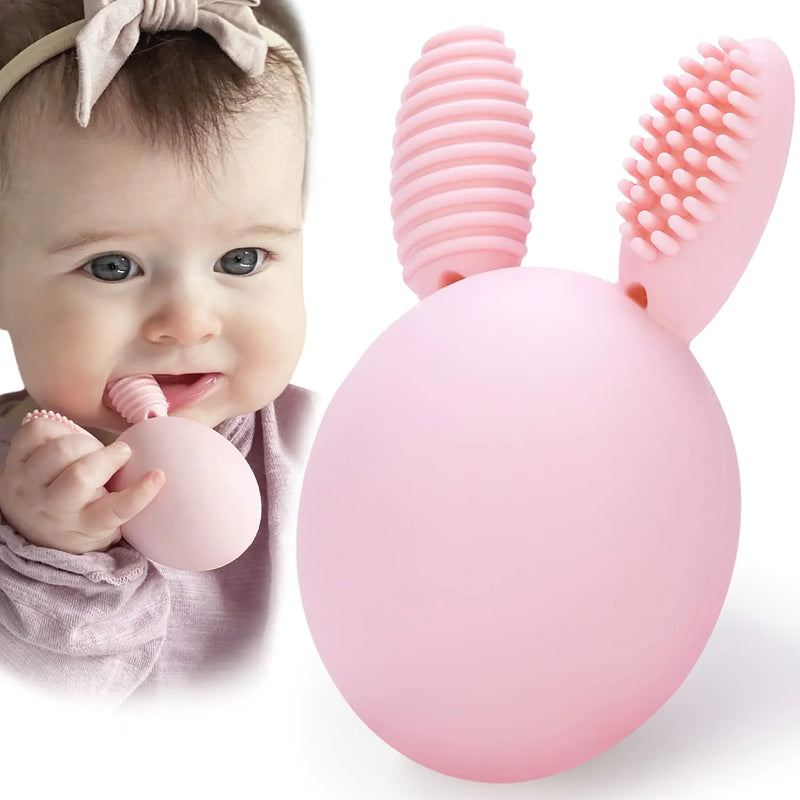 Bunny Eggy Teether Baby Teething Toy Rabbit Egg Rattle Toy Teething Pain Relief for Babies Boys Girls - Pink