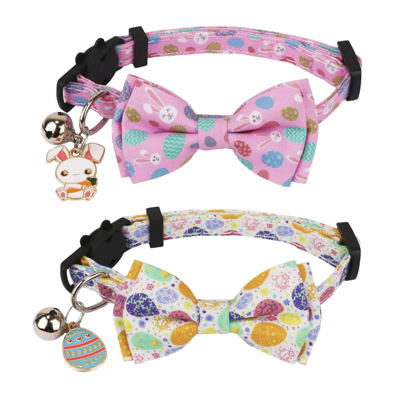 ADOGGYGO Easter Cat Collar Breakaway with Bow Tie Bell - 2 Pack Easter Kitten Collar with Removable Bowtie Cute White Pink Pet Easter Collar for Cat Kitten (Easter 7.5