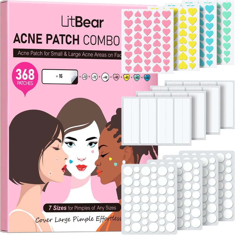 LitBear 3 IN 1 Acne Patch for Face 7 Sizes 368 Patches Hydrocolloid Acne Patches for Chin Forehead Nose 16 XL Pimple Patches Large for Body Heart-Shaped Acne Cover Zit Patches Acne Dots Sticker