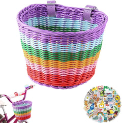 Kids Bicycle Front Handlebar Bicycle Basket Front Hand-Woven Bike Basket with Leather Belt (Rainbow)